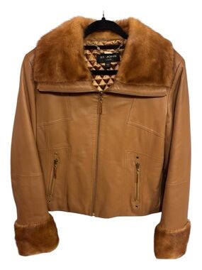 NWOT St John Tan Brown Leather with Mink Collar and Cuffs Sz L